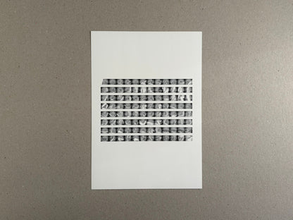 Surveillance – Tsutomu Yamagata, printed cover with a central grid of narrow black-and-white image strips on a white background.