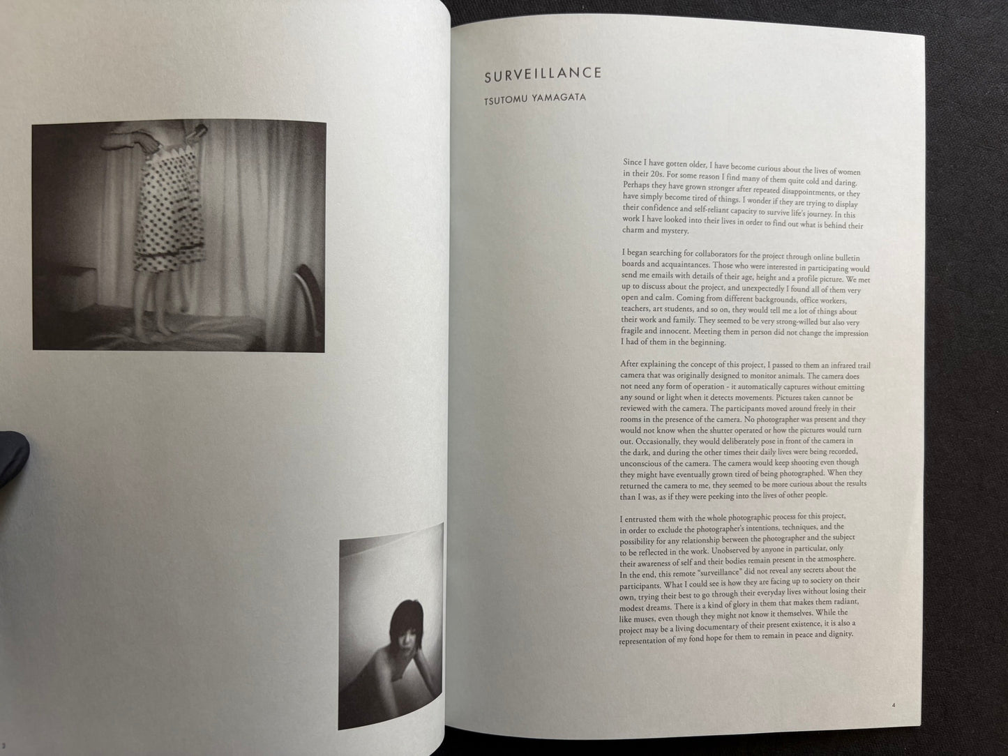 Interior spread from Surveillance with title page, introductory text, and small black-and-white photographs.