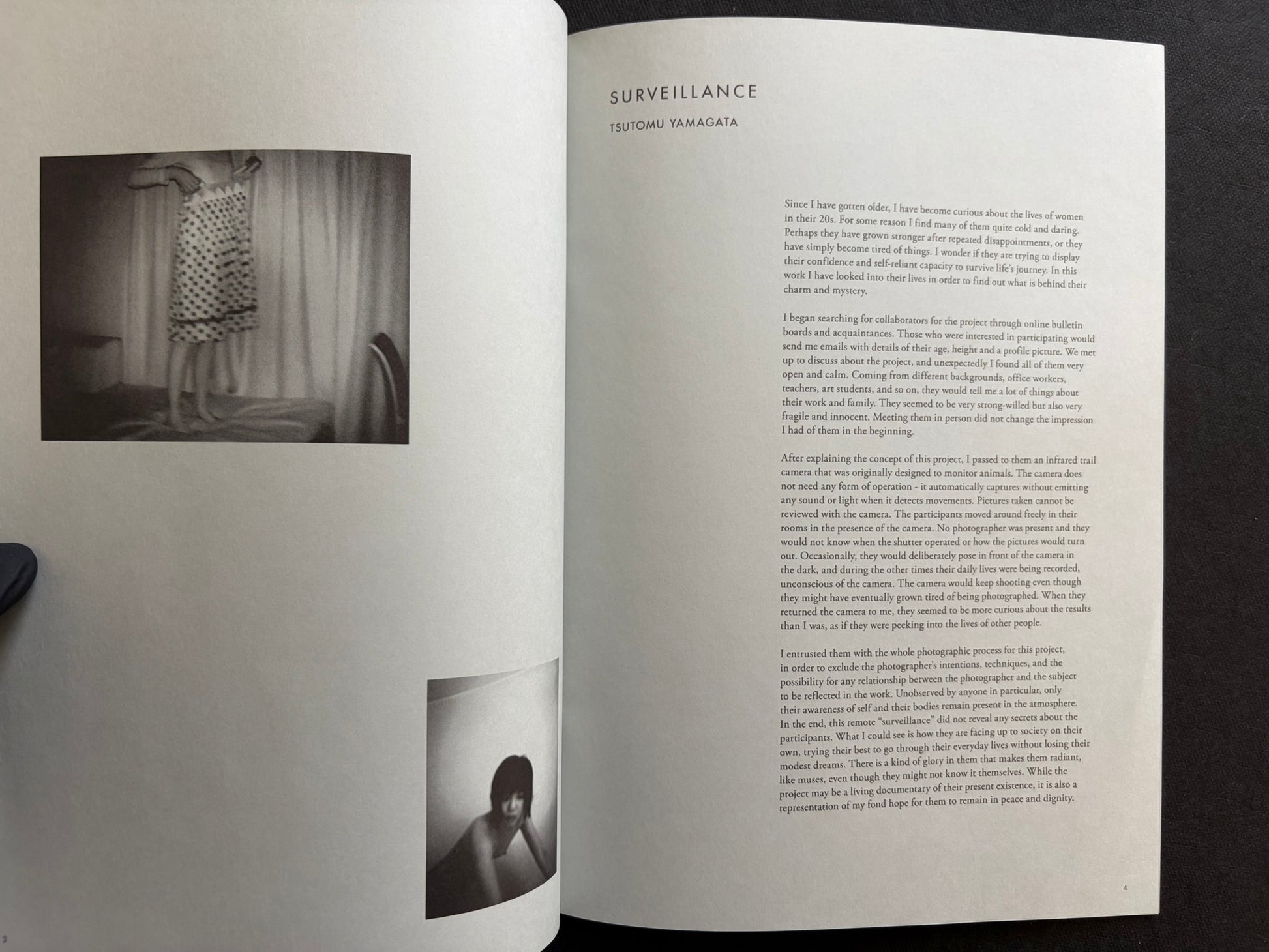 Interior spread from Surveillance with title page, introductory text, and small black-and-white photographs.