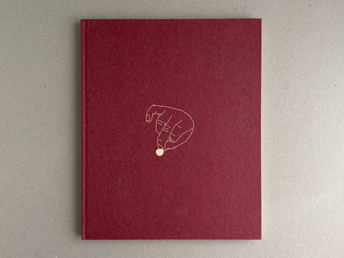 Front cover of süü – Taemin Ha, a deep red clothbound book with a line drawing of a hand holding a small pale circle.