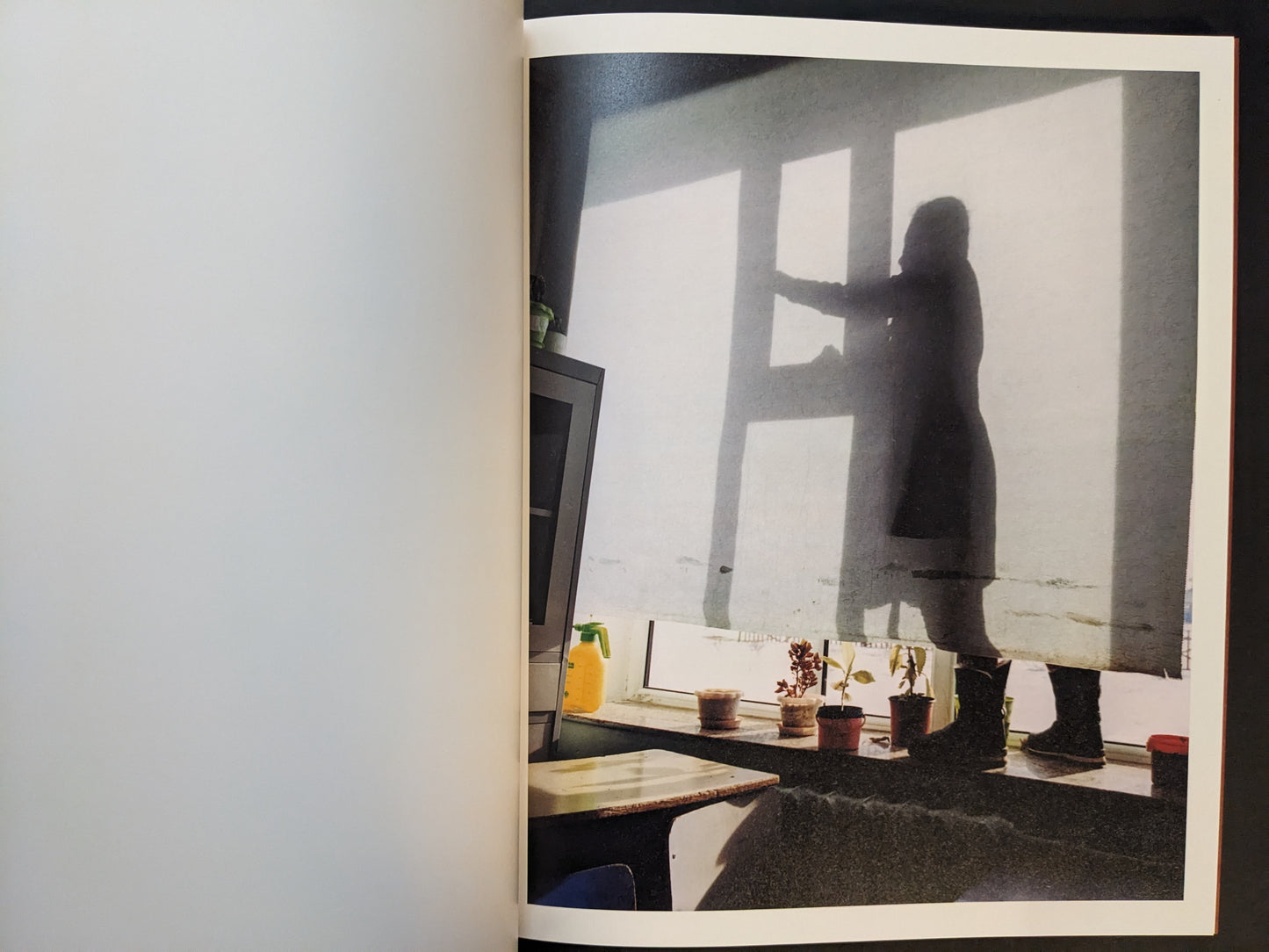 Spread showing a silhouetted figure by a large window, backlit by pale winter light with small plants on the sill.