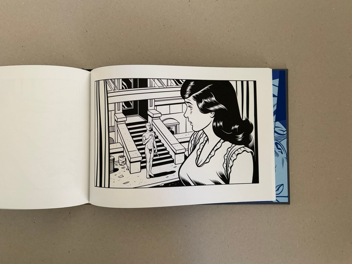 Open spread of Sweet Dreams by Charles Burns, showing a black-and-white comic illustration of a woman in profile in the foreground and a nude figure on steps in the background.