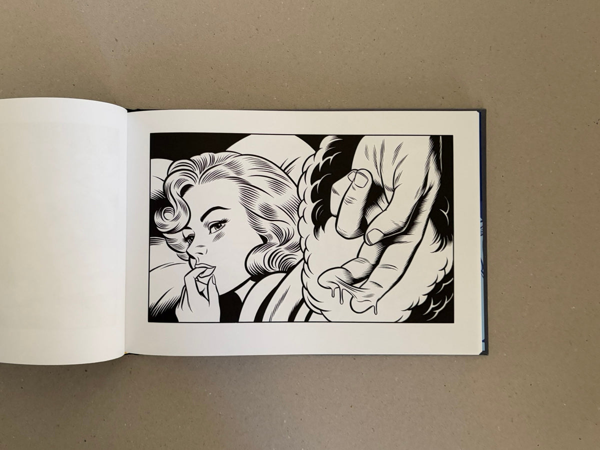 Open Sweet Dreams by Charles Burns showing a black-and-white interior spread with a woman in bed and a large hand in the foreground.