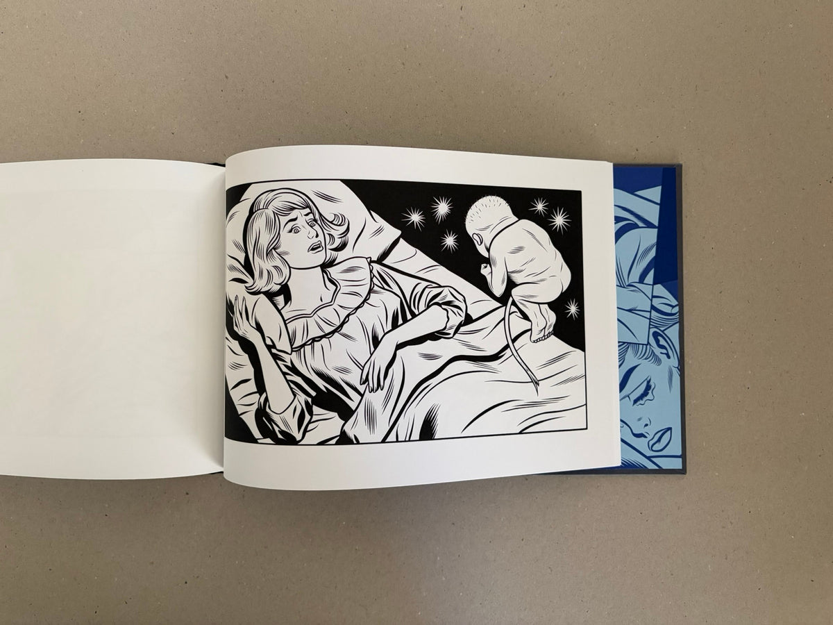 Open Sweet Dreams by Charles Burns showing a black-and-white interior illustration of a woman in bed and a small figure at the bedside, with a blue patterned page visible at the edge.