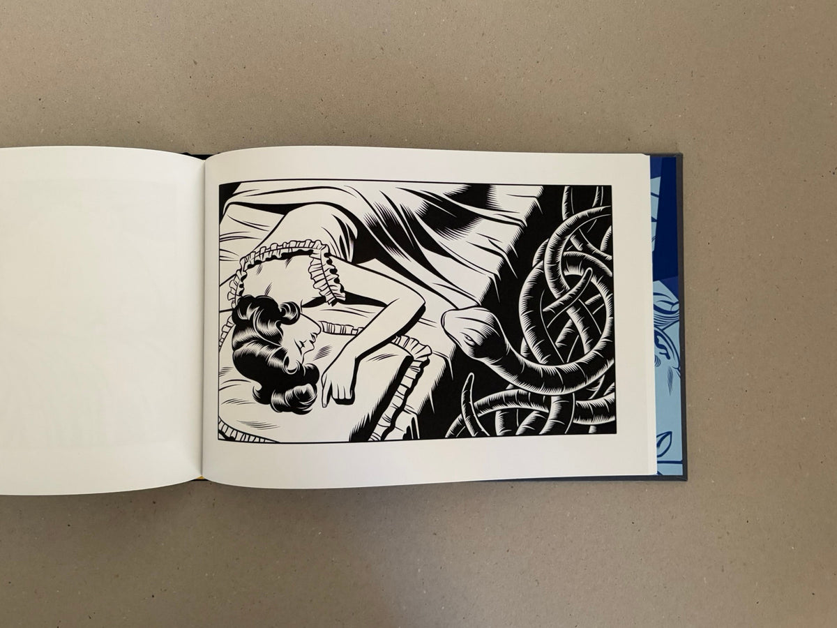 Open spread of Sweet Dreams by Charles Burns, showing a black-and-white illustration of a woman lying in bed beside tangled dark forms.