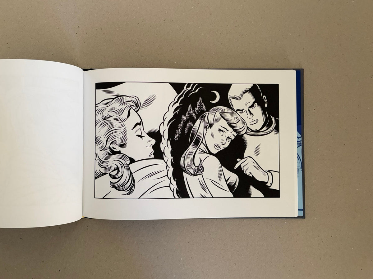 Open spread of Sweet Dreams by Charles Burns, showing a black-and-white illustration of three figures on the right-hand page.