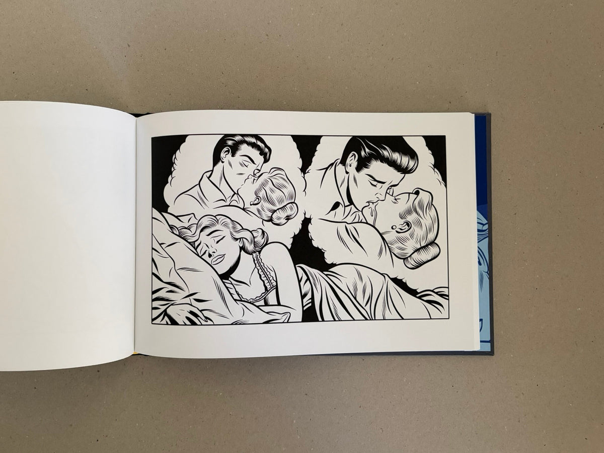 Open book showing a black-and-white interior illustration from Sweet Dreams by Charles Burns, with four romantic dream scenes of a couple kissing in bed.