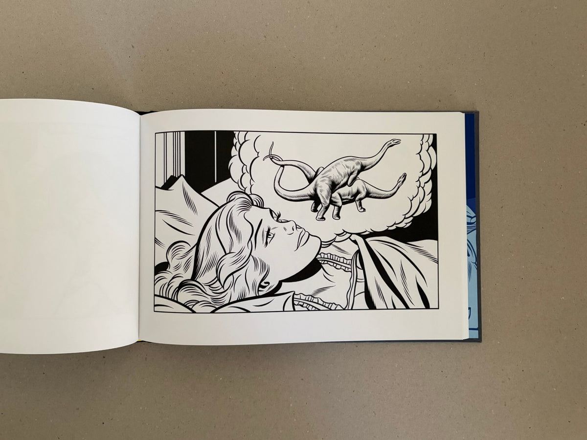 Interior spread from Sweet Dreams by Charles Burns, showing a black-and-white illustration of a woman lying in bed and dreaming of two long-necked dinosaurs.