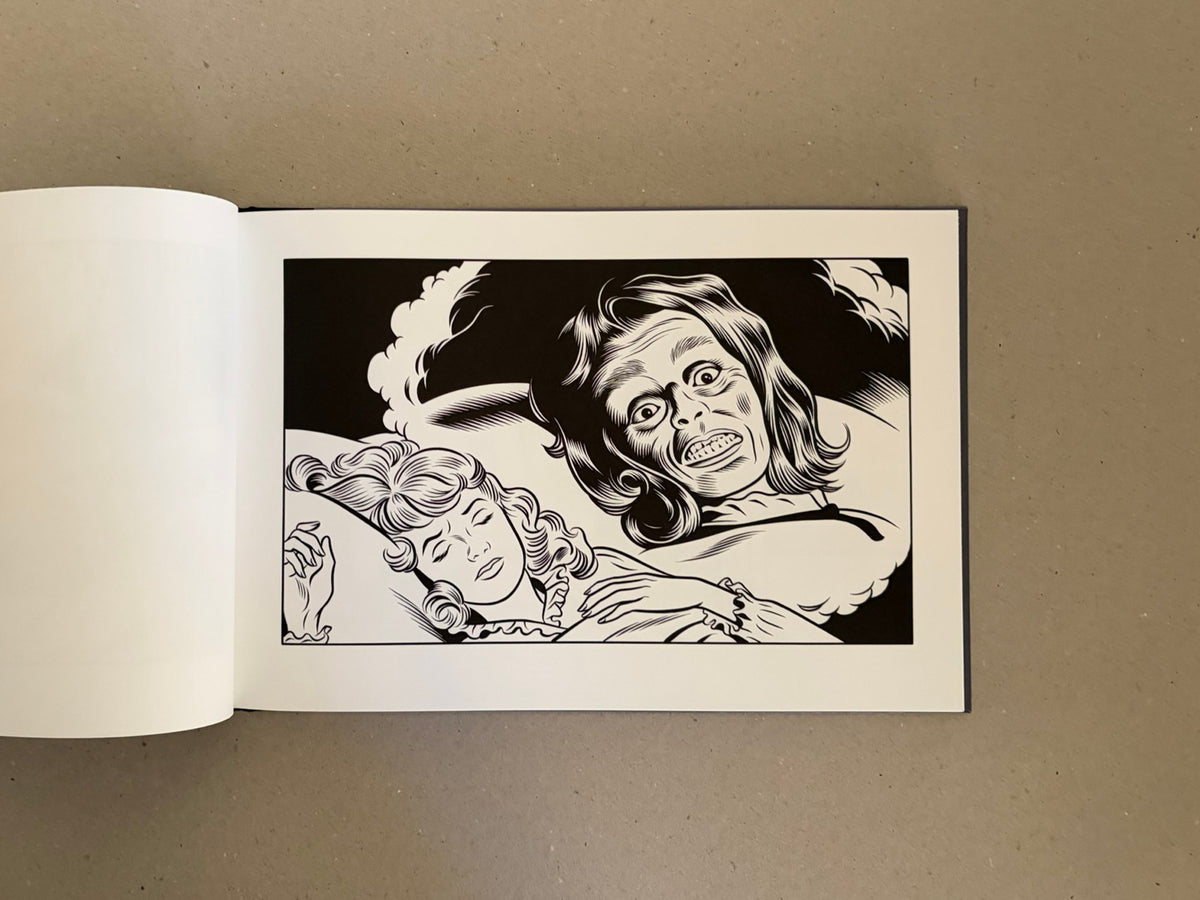 Sweet Dreams by Charles Burns, an open book showing a black-and-white illustration of two women in bed, one asleep and one with a distorted face.