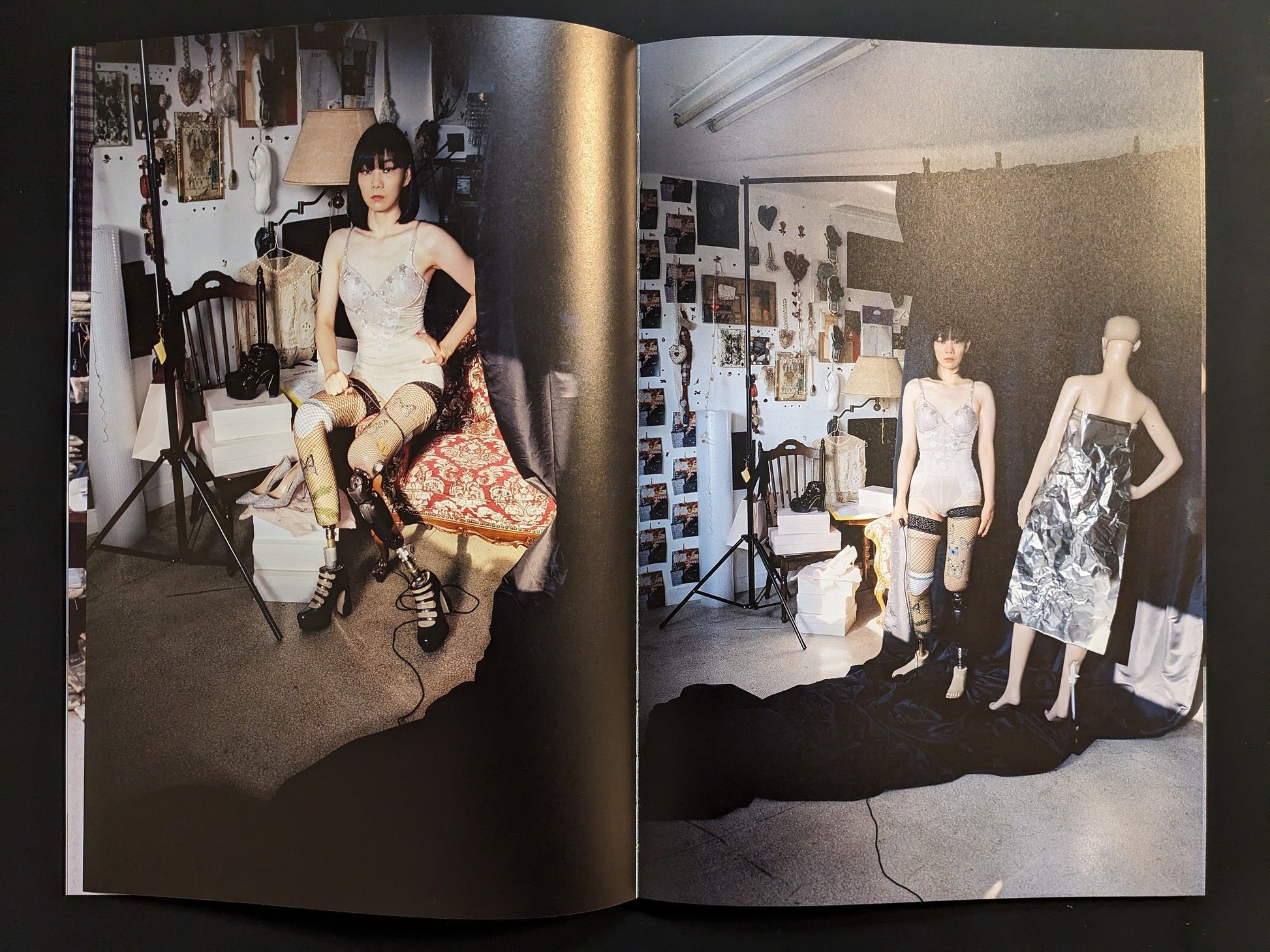 Mari Katayama in her home studio among textile sculptures and self-made prosthetics