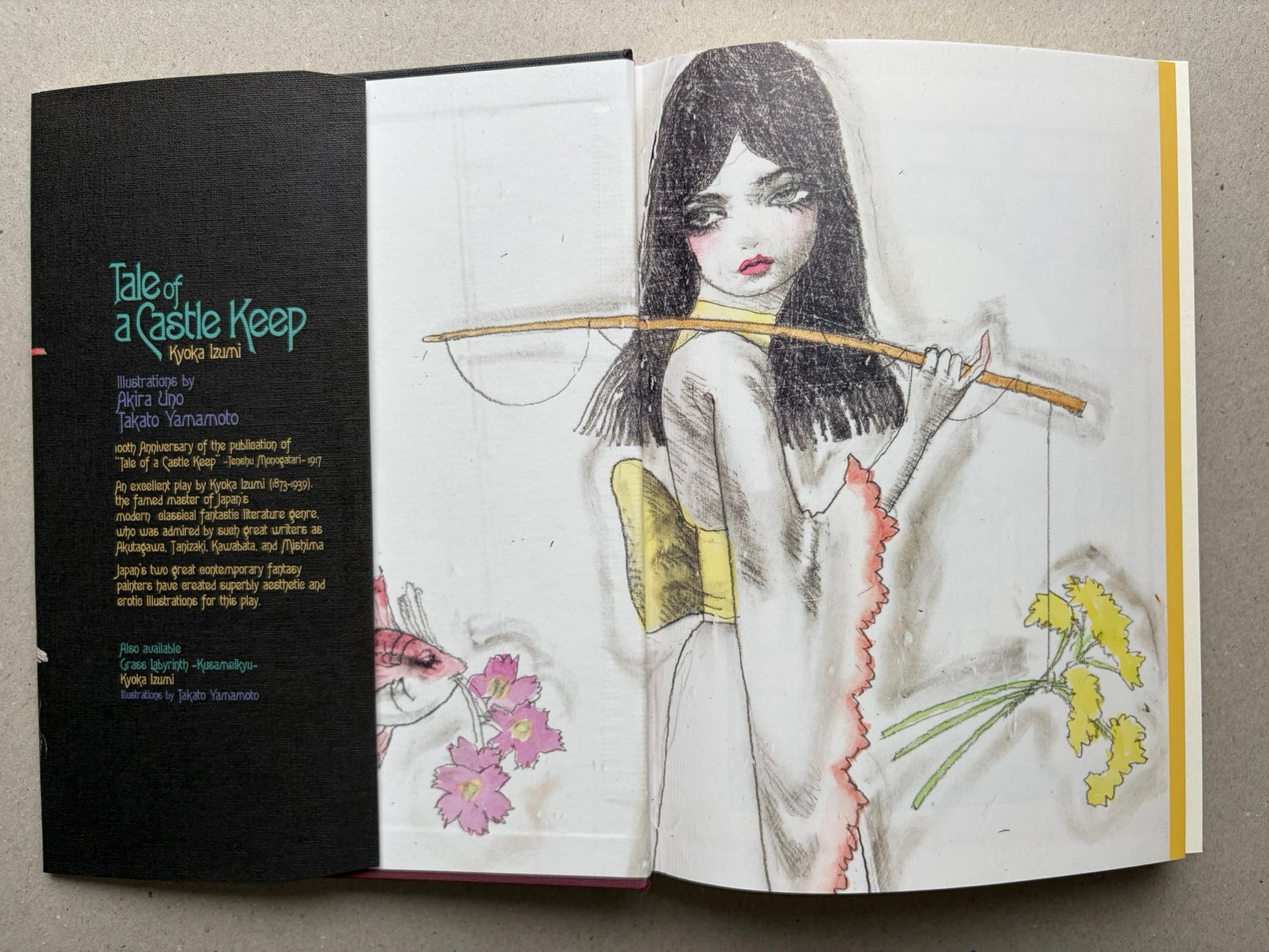 Tale of a Castle Keep by Kyoka Izumi, open book spread with illustrations by Akira Uno and Takato Yamamoto.