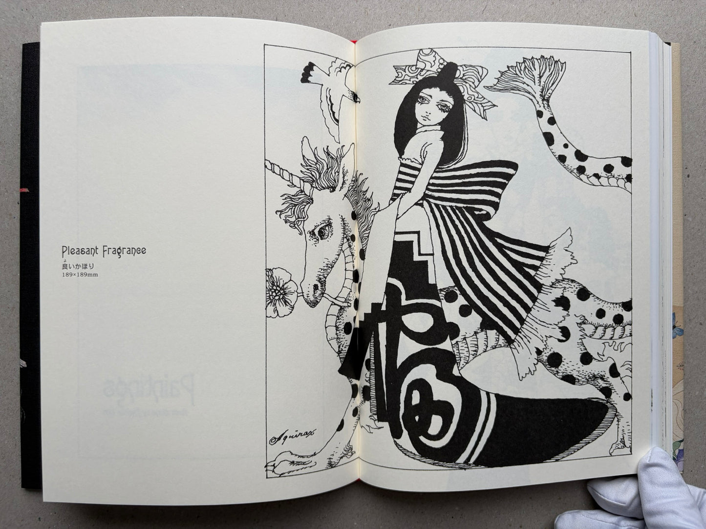 Illustrated spread from Tale of a Castle Keep with a black-and-white drawing of a figure beside a unicorn and a girl in stripes.