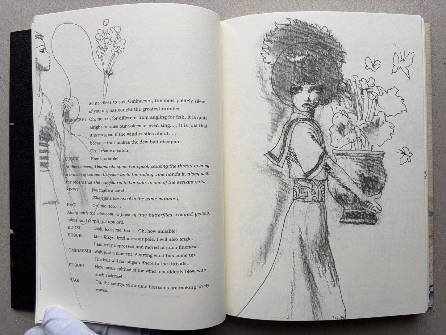 Illustrated spread from Tale of a Castle Keep with English dialogue on the left and a monochrome drawing of a standing figure with flowers on the right.
