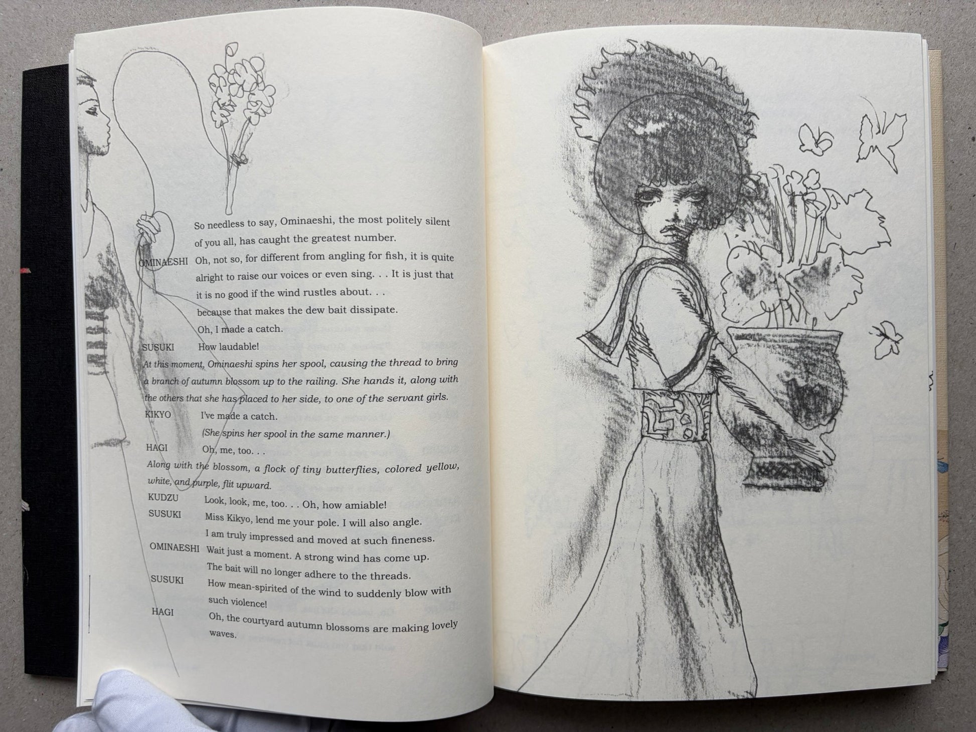 Illustrated spread from Tale of a Castle Keep with English dialogue on the left and a monochrome drawing of a standing figure with flowers on the right.