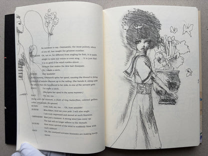Illustrated spread from Tale of a Castle Keep with English dialogue on the left and a monochrome drawing of a standing figure with flowers on the right.