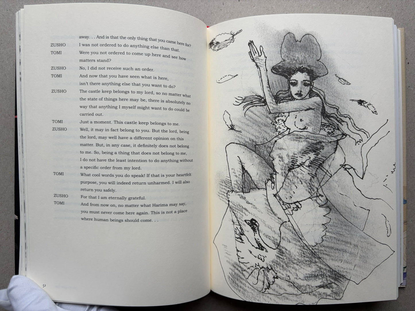 Illustrated spread from Tale of a Castle Keep with English dialogue on the left and a monochrome drawing of a seated figure on the right.