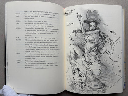 Illustrated spread from Tale of a Castle Keep with English dialogue on the left and a monochrome drawing of a seated figure on the right.