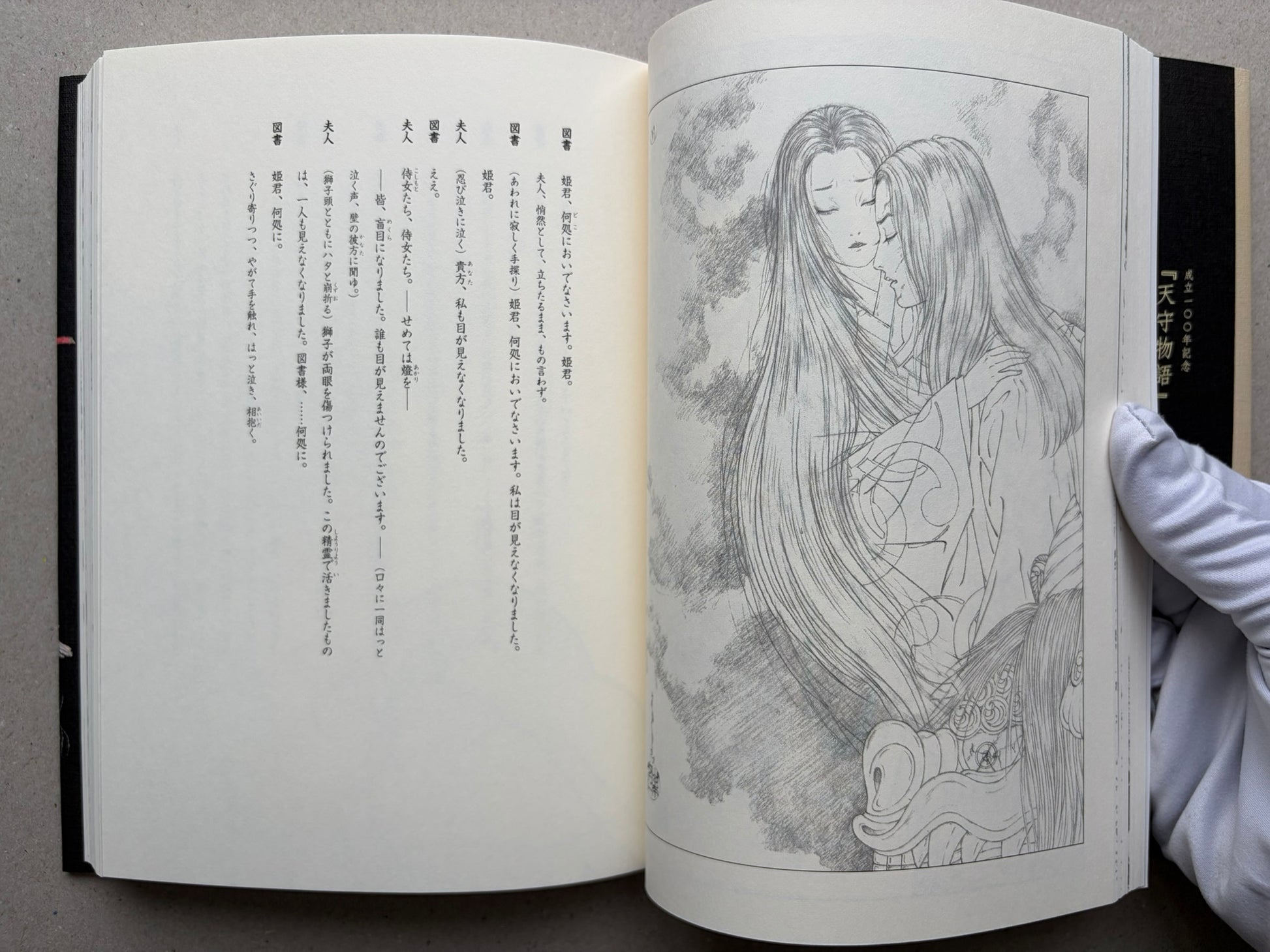 Illustrated spread from Tale of a Castle Keep with a monochrome drawing on the right and Japanese text on the left.