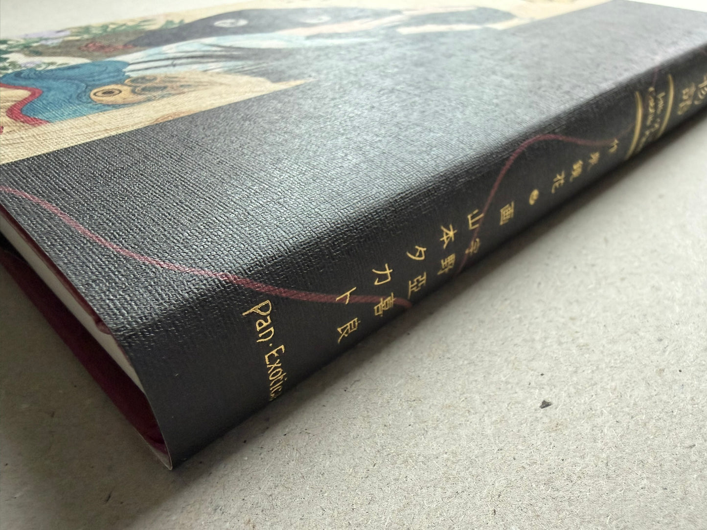 Close view of the black cloth spine of Tale of a Castle Keep, with gold title text and the cover image wrapping over the edge.