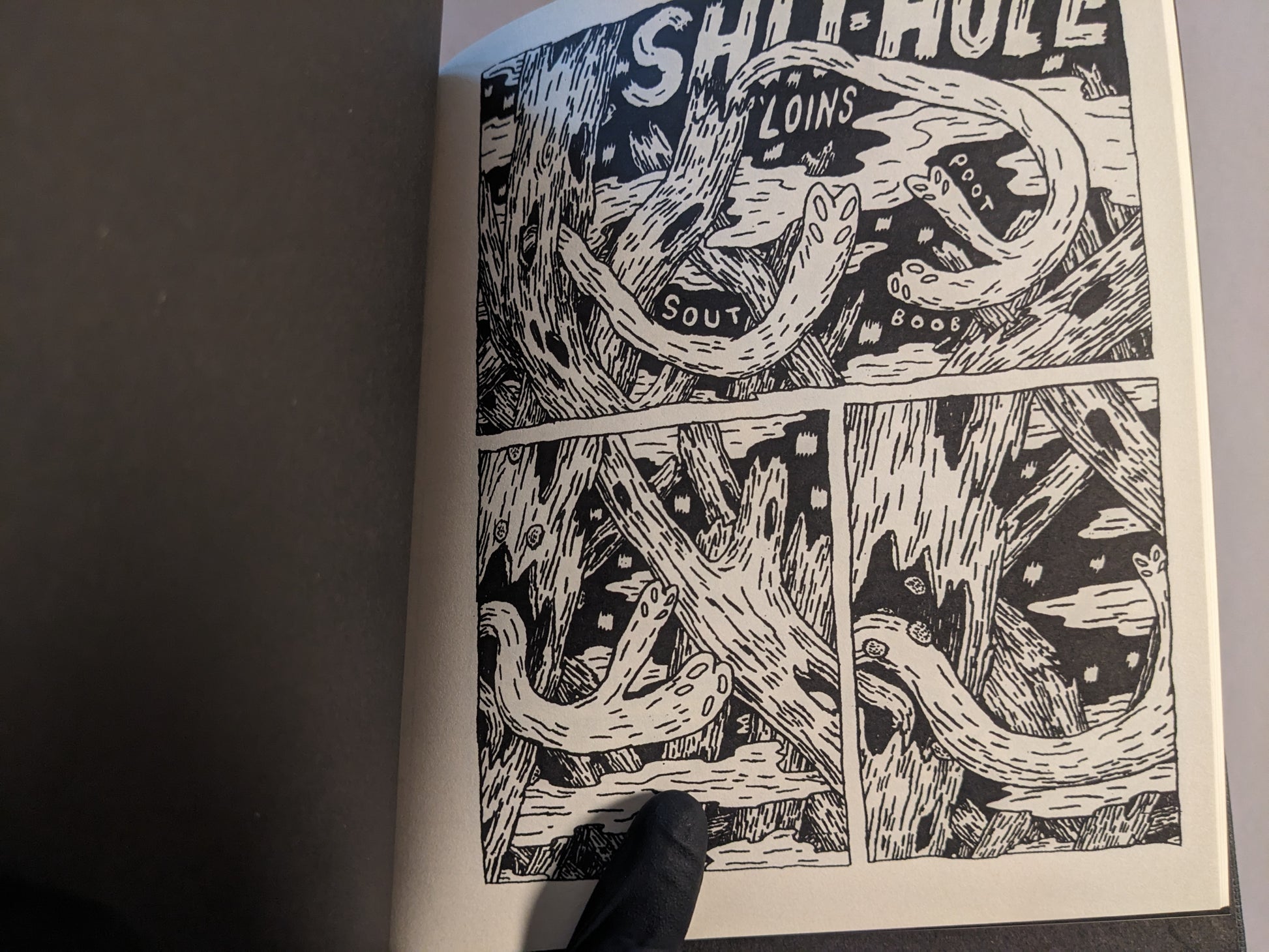 Comic page from Teratoid Heights with tentacle-like forms and abstract text