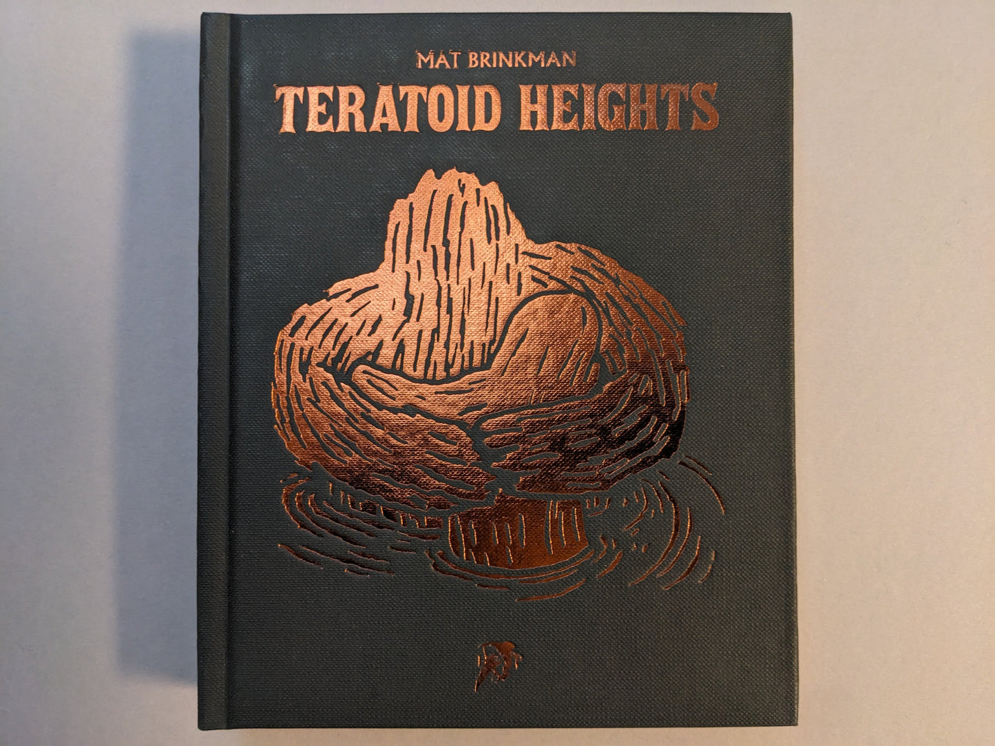Front cover of Teratoid Heights by Mat Brinkman, black canvas hardcover with bronze foil embossing