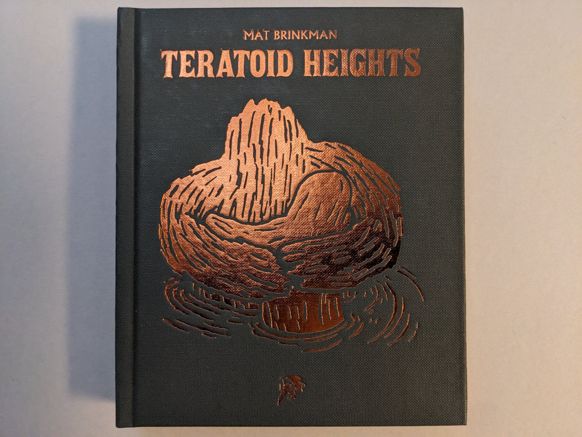 Front cover of Teratoid Heights by Mat Brinkman, black canvas hardcover with bronze foil embossing