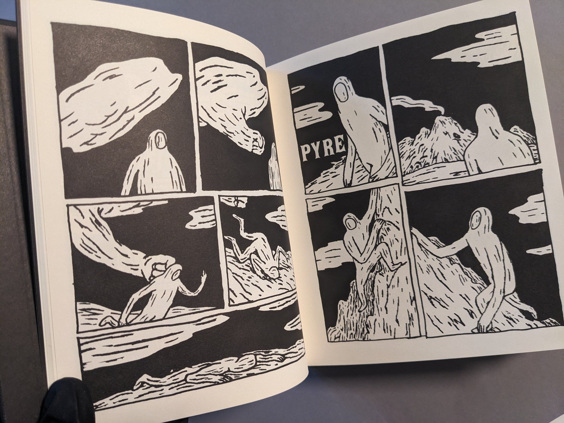 Interior page from Teratoid Heights with abstract figures and landscape forms