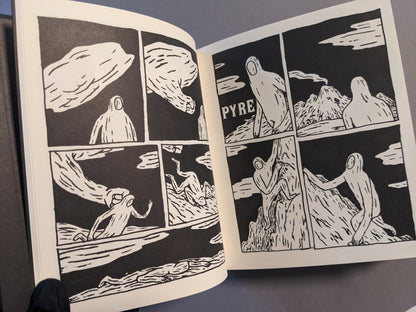 Interior page from Teratoid Heights with abstract figures and landscape forms