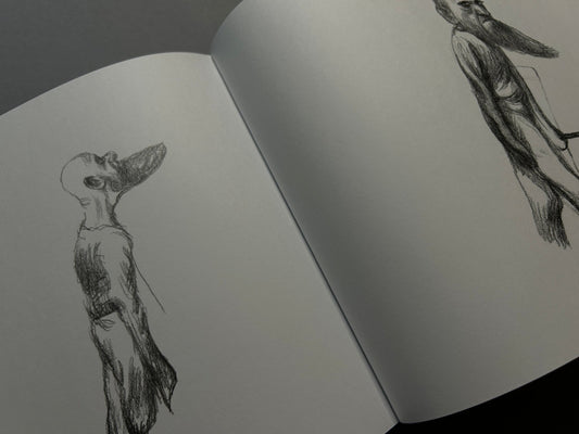 Open Terra Maxima spread with pencil drawings of elongated figures on facing pages