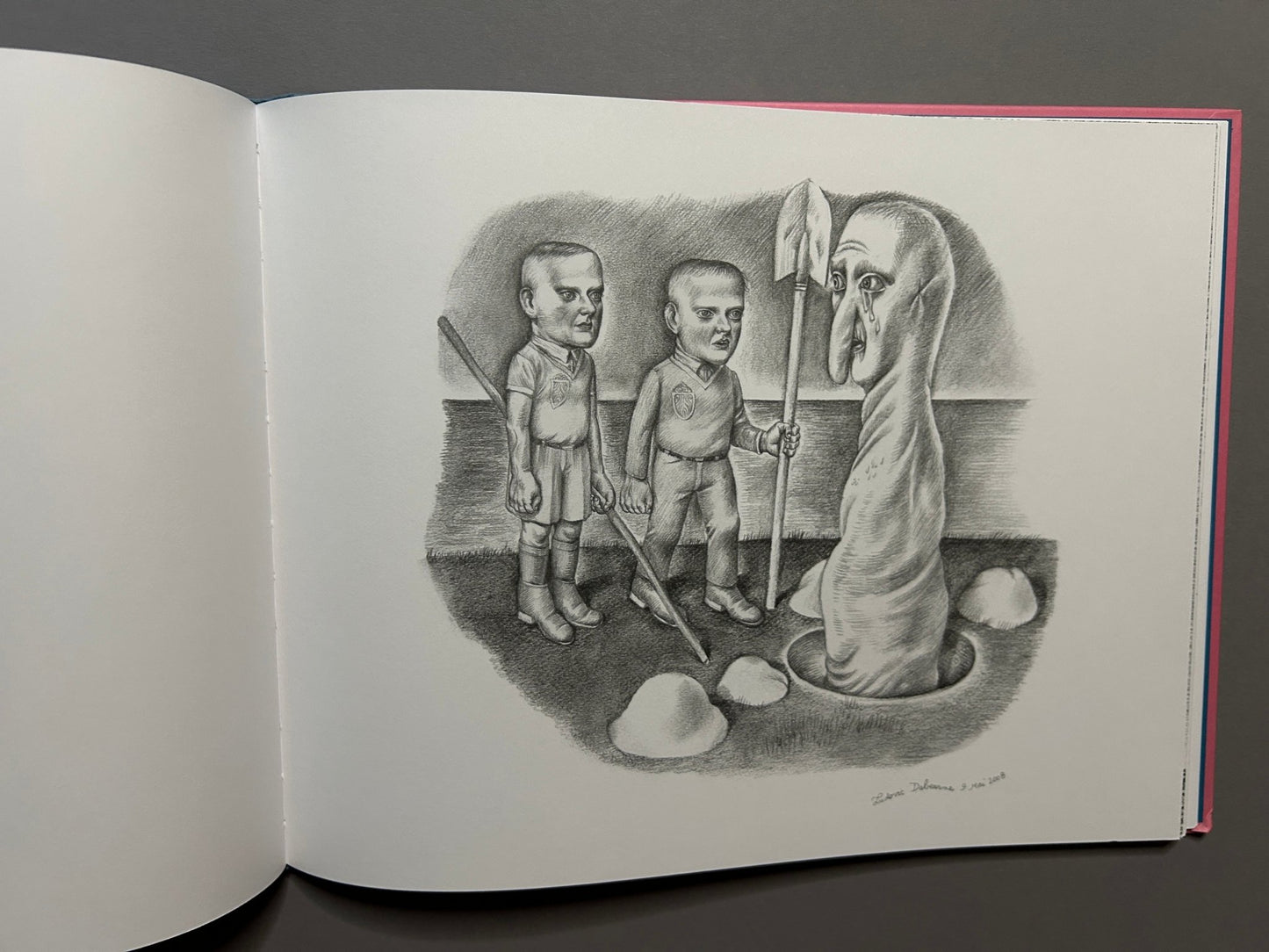 Open Terra Maxima spread with a surreal drawing of three figures and a hooded figure