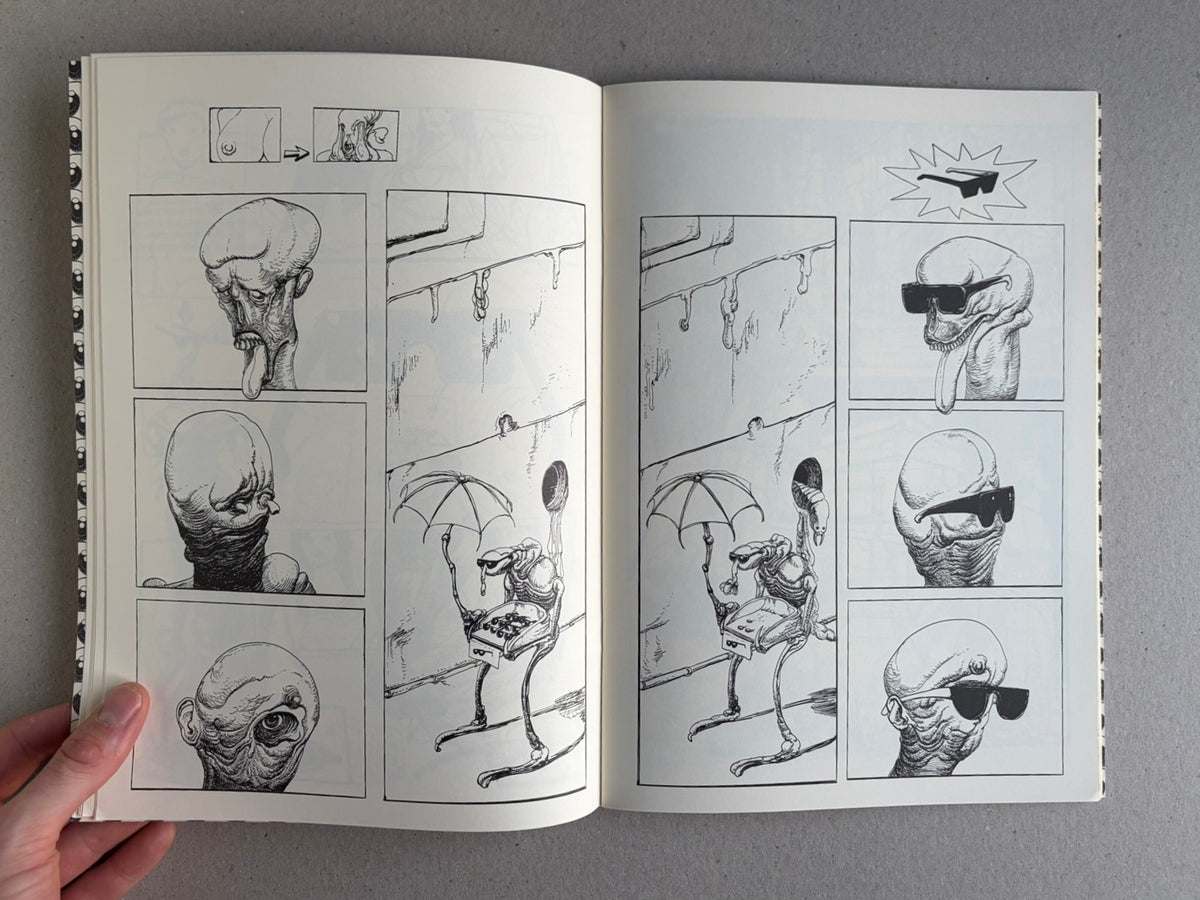 Terrotic: Love and Terror in Postapoland by Bartosz Zaskórski, interior spread with repeated head studies and a small figure in a comic sequence.