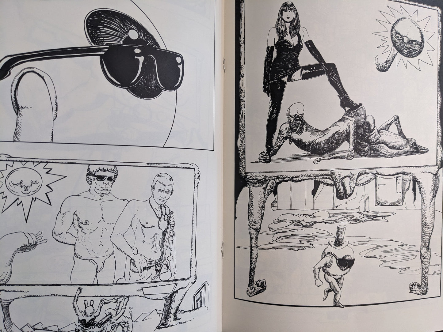 Interior spread from Terrotic with a sunglasses close-up, standing figures, and a framed nude body study.