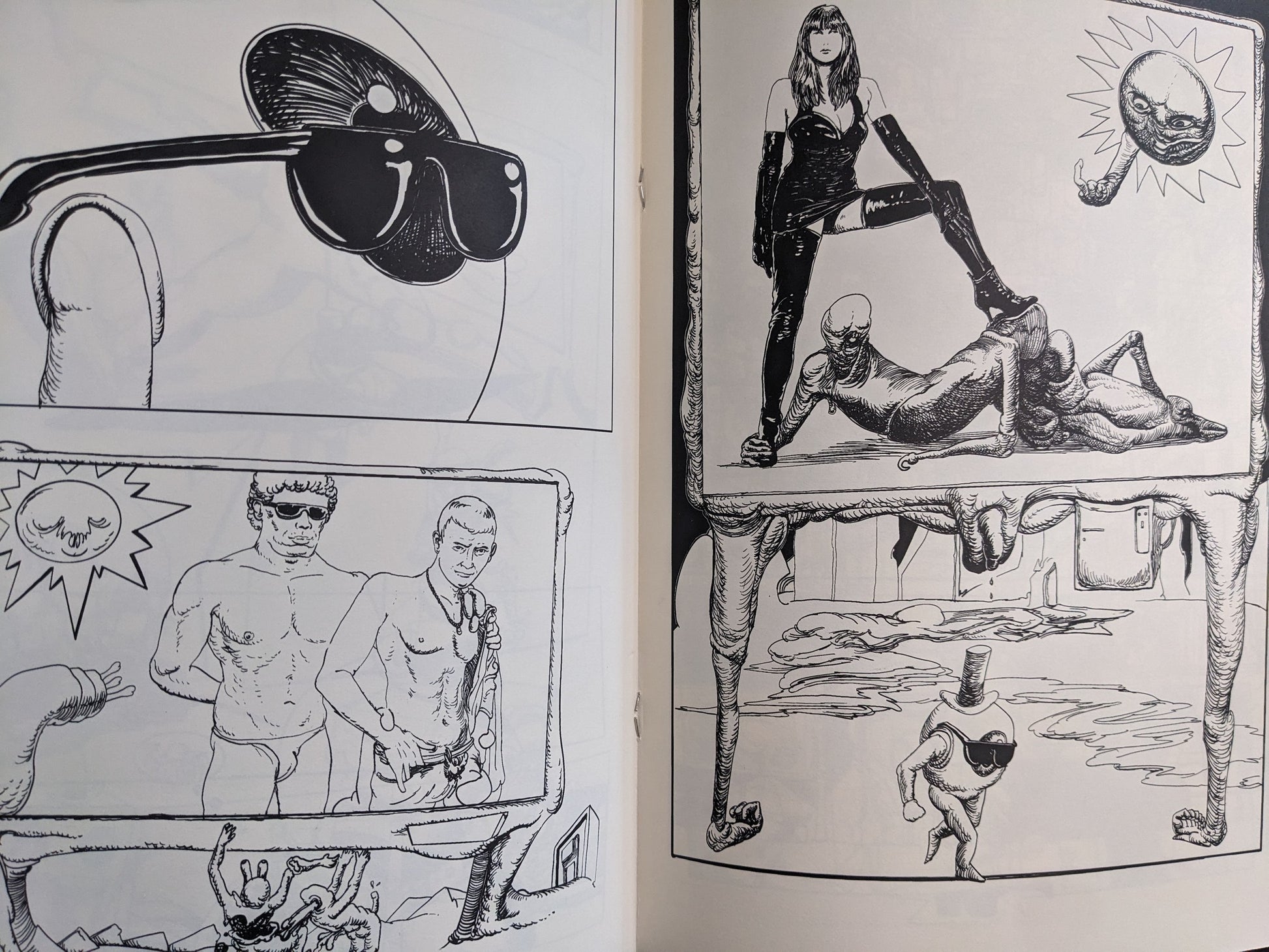 Interior spread from Terrotic with a sunglasses close-up, standing figures, and a framed nude body study.