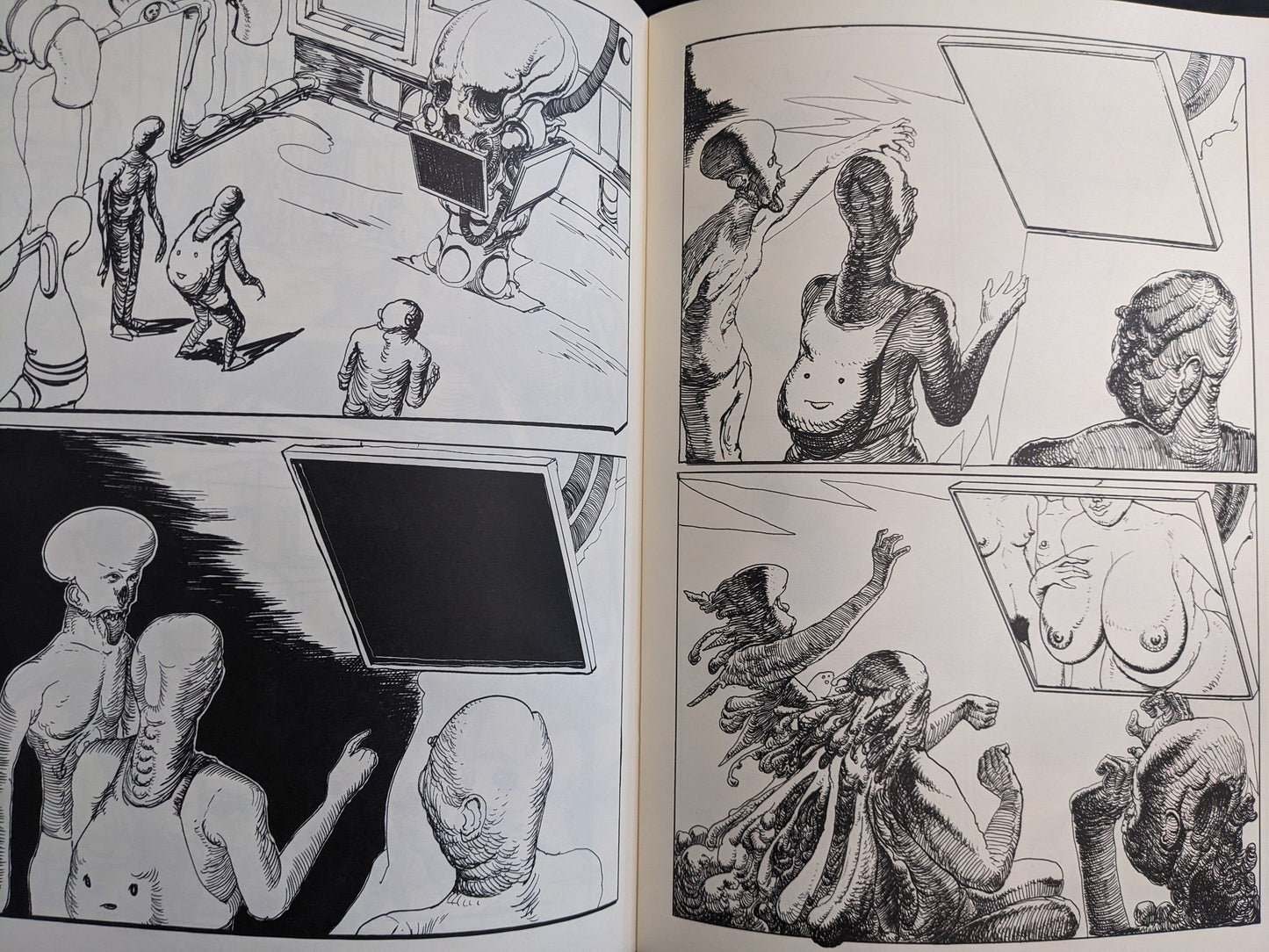 Interior spread from Terrotic with a large skull-headed figure, smaller figures, and framed body studies.