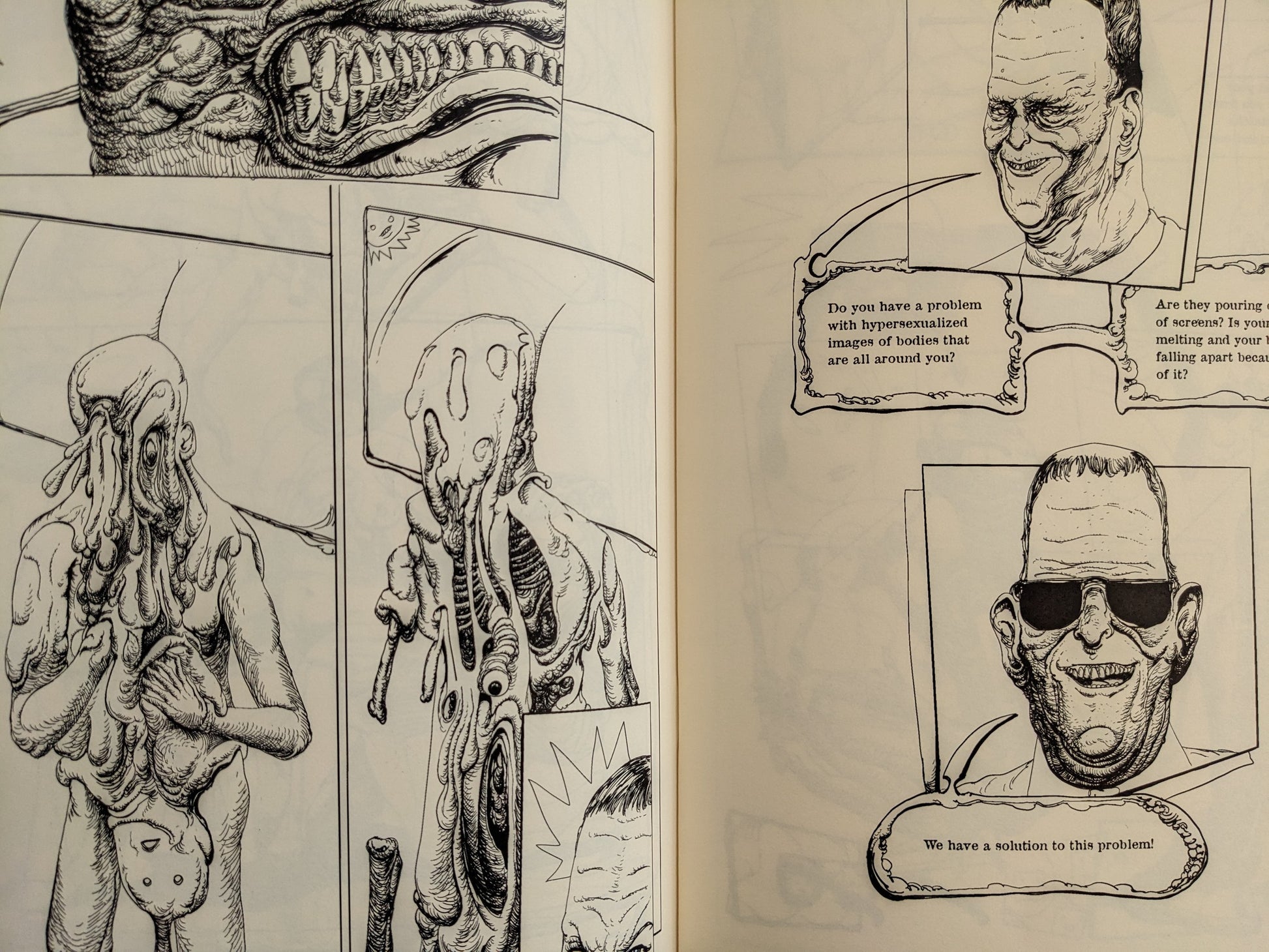 Interior spread from Terrotic with distorted faces, skeletal heads, and text panels in black-and-white.