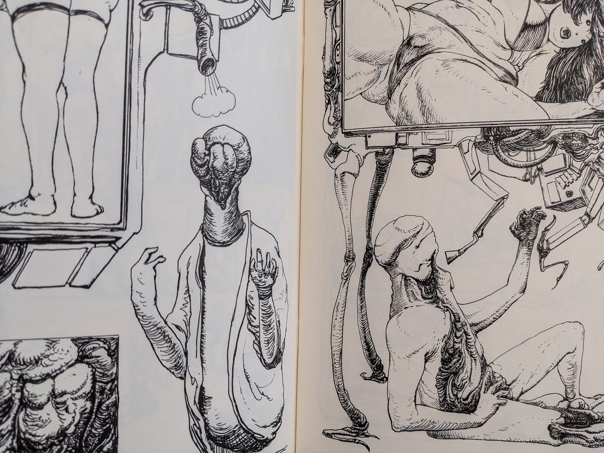 Interior spread from Terrotic showing grotesque figures and a lab-coated character in black-and-white line work.