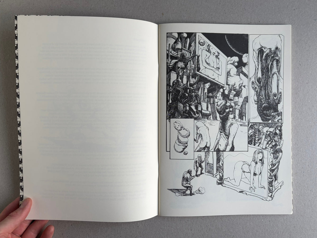 Terrotic: Love and Terror in Postapoland by Bartosz Zaskórski, interior spread with a blank left page and a dense black-and-white comic page on the right.