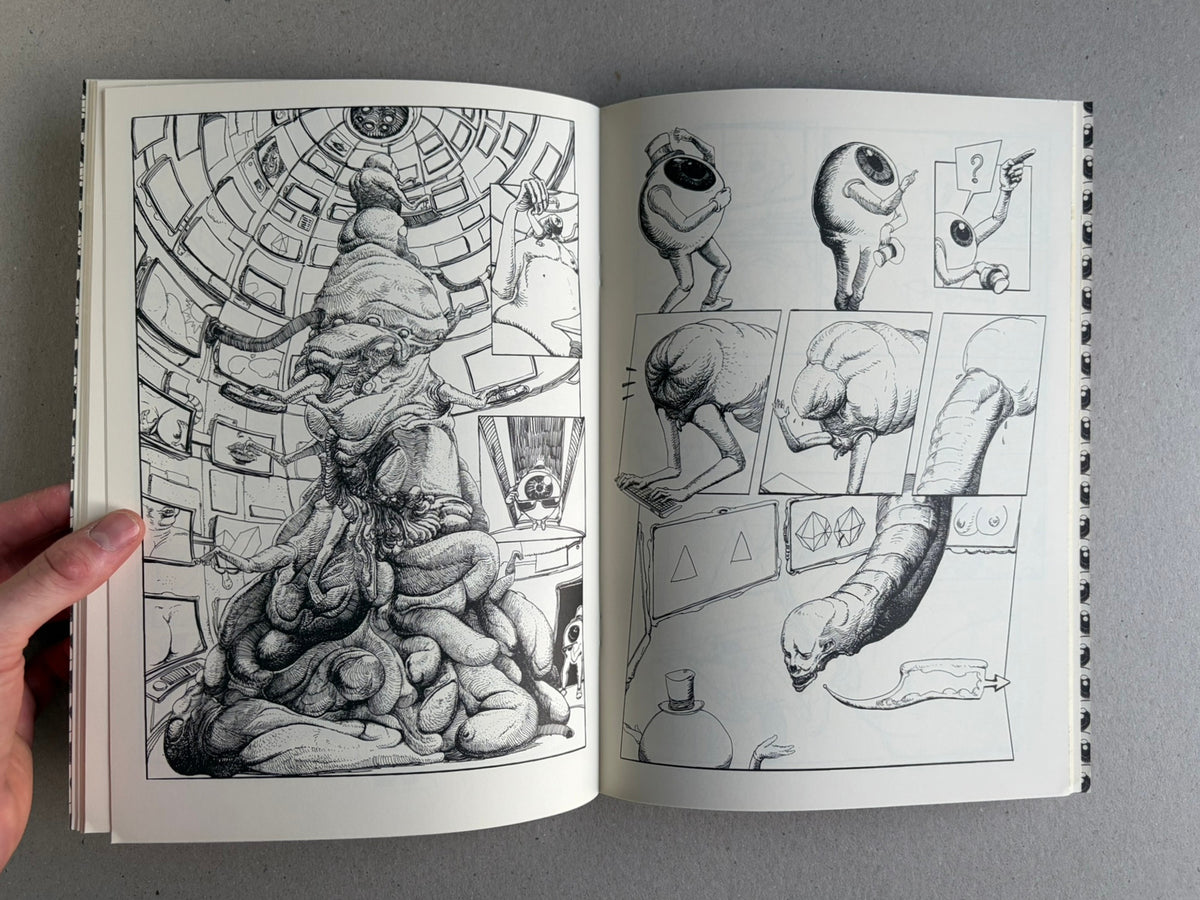 Terrotic: Love and Terror in Postapoland by Bartosz Zaskórski, interior spread with a large central figure and smaller comic panels around it.
