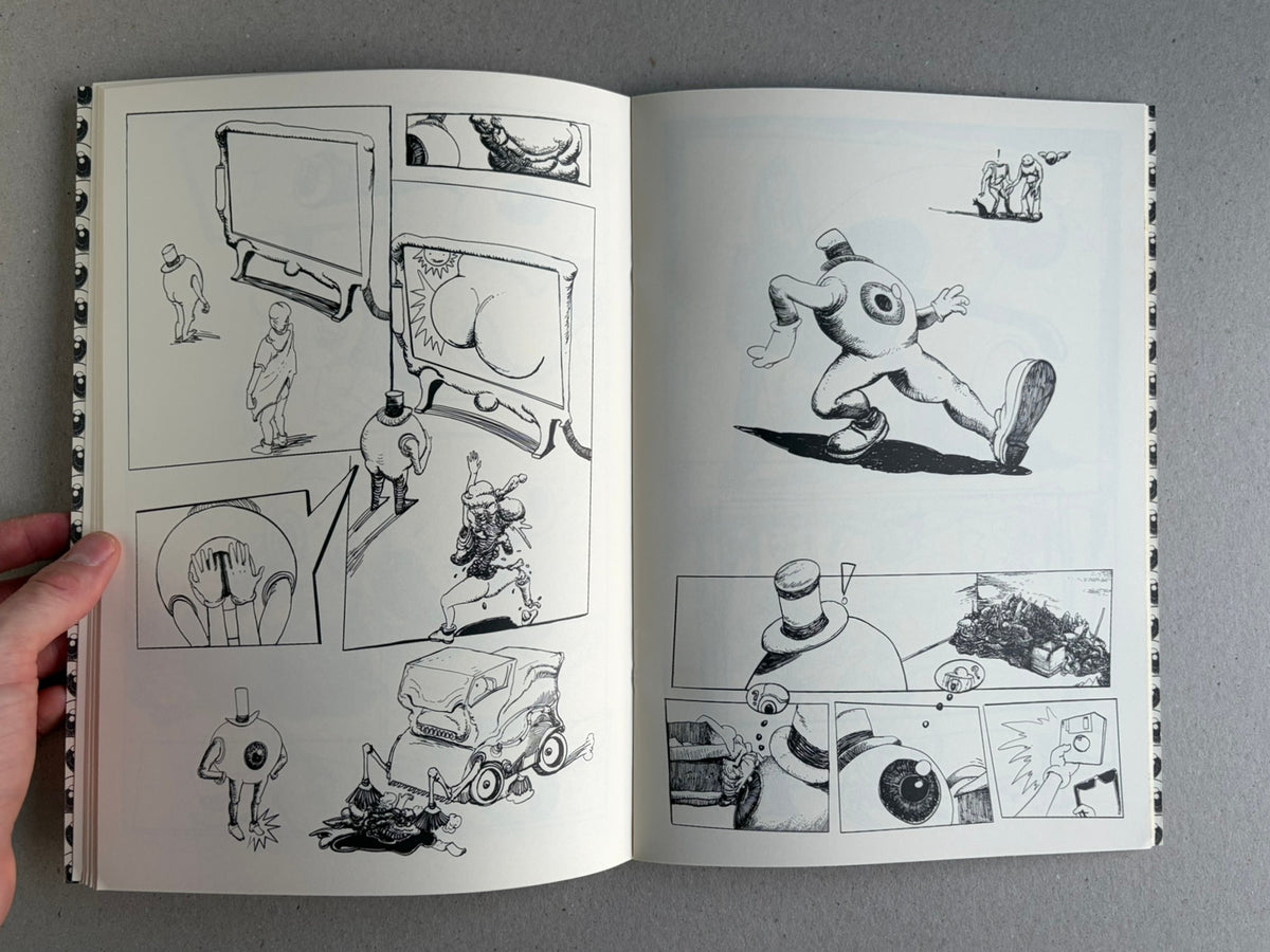 Terrotic: Love and Terror in Postapoland by Bartosz Zaskórski, interior spread with small figures, screen-like frames, and a running character.
