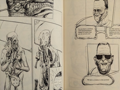 Spread from Terrotic – melting humanoid mutants, grotesque faces, and advertising panels with distorted sales pitch