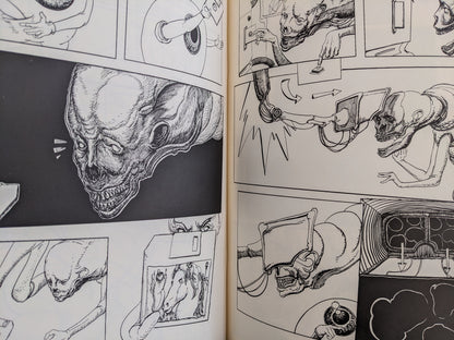Spread from Terrotic – skeletal heads and VR machine sequences involving grotesque interaction with screens