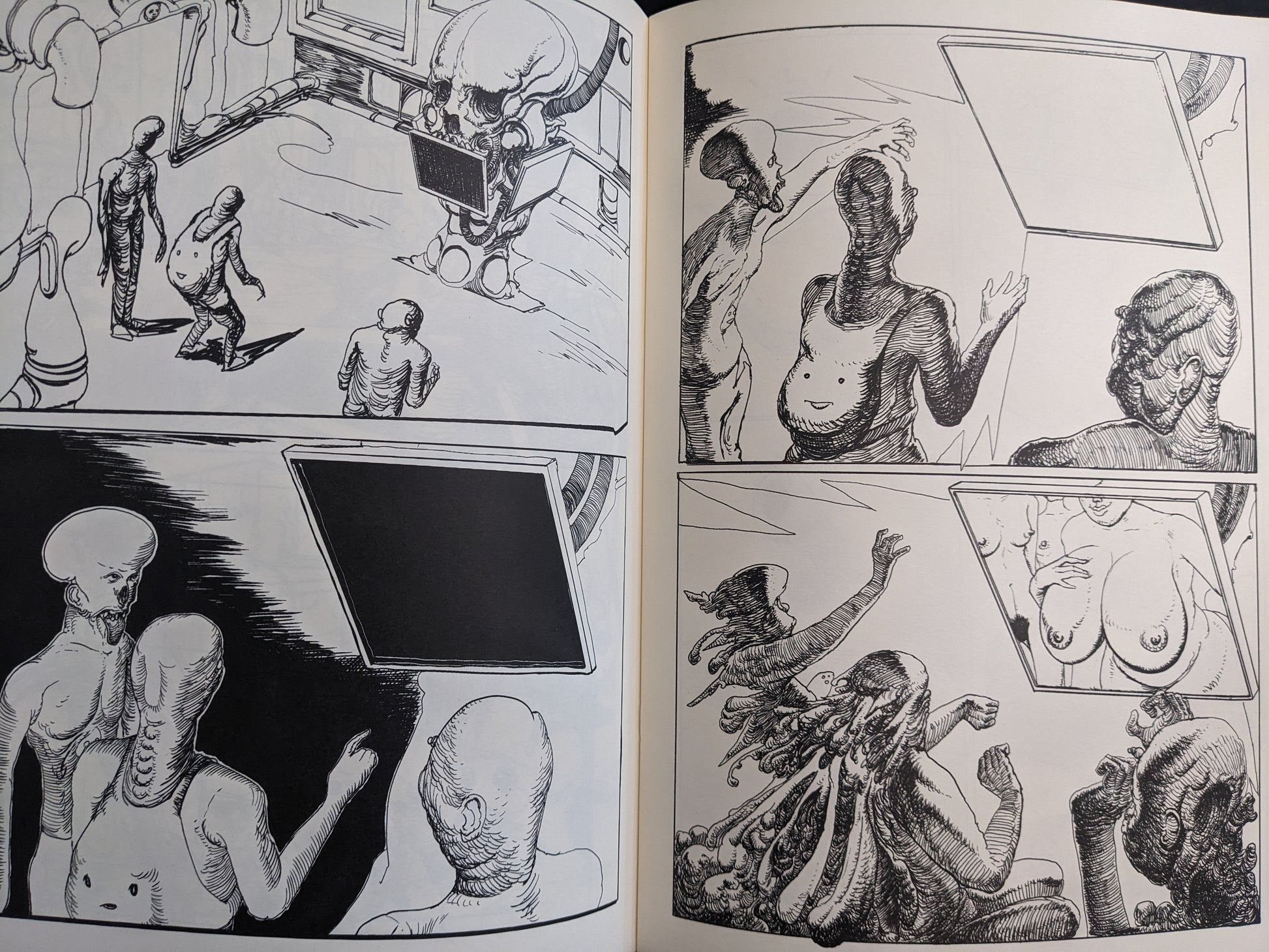 Spread from Terrotic – post-human creatures interacting with broadcast monitors and erotic signals