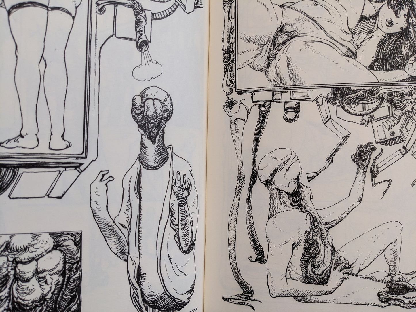 Interior page from Terrotic showing a grotesque figure in a lab coat beside a seated mutant and an erotic display