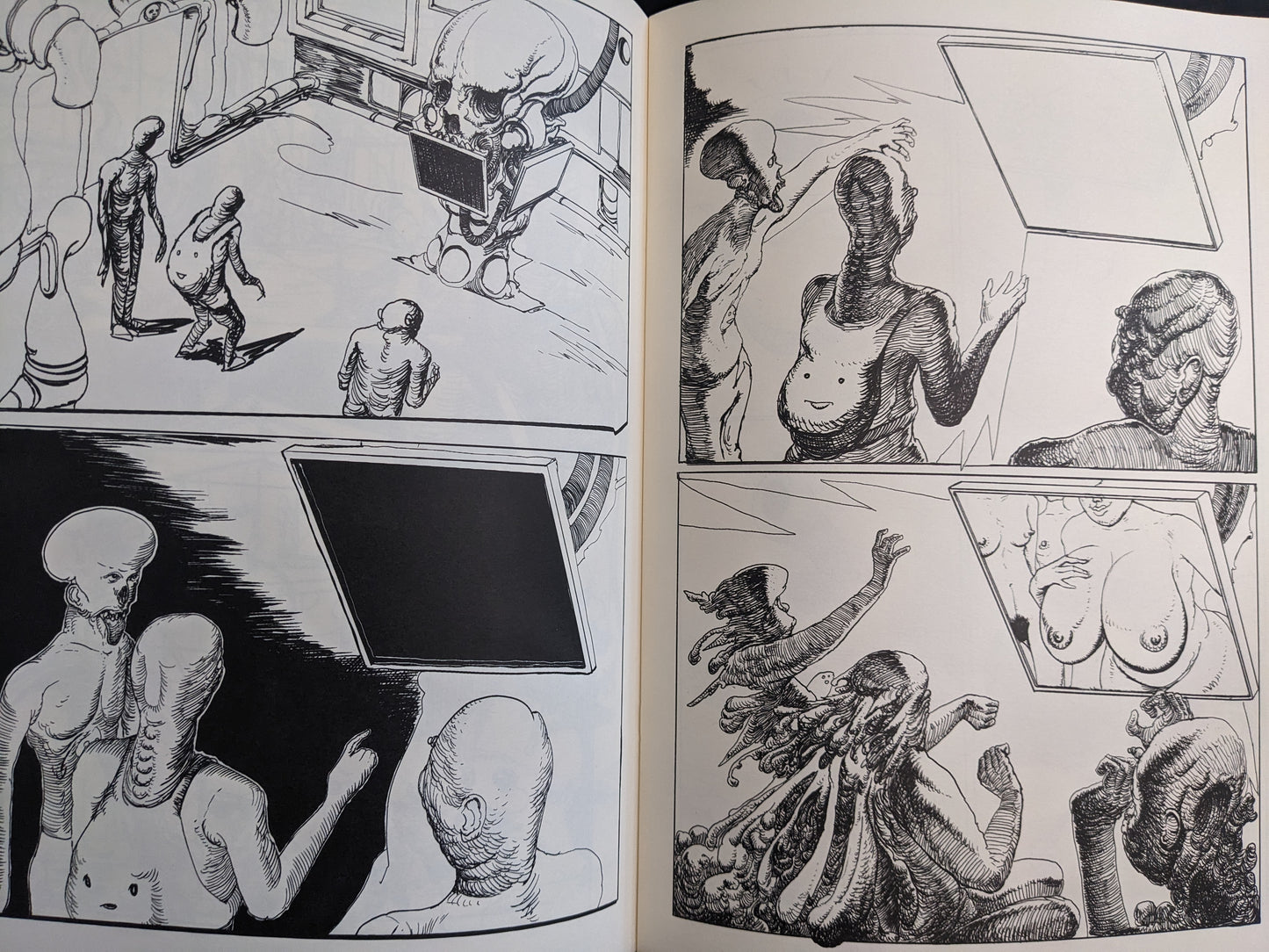 Interior spread from Terrotic with post-human figures, broadcast monitors, and erotic signals