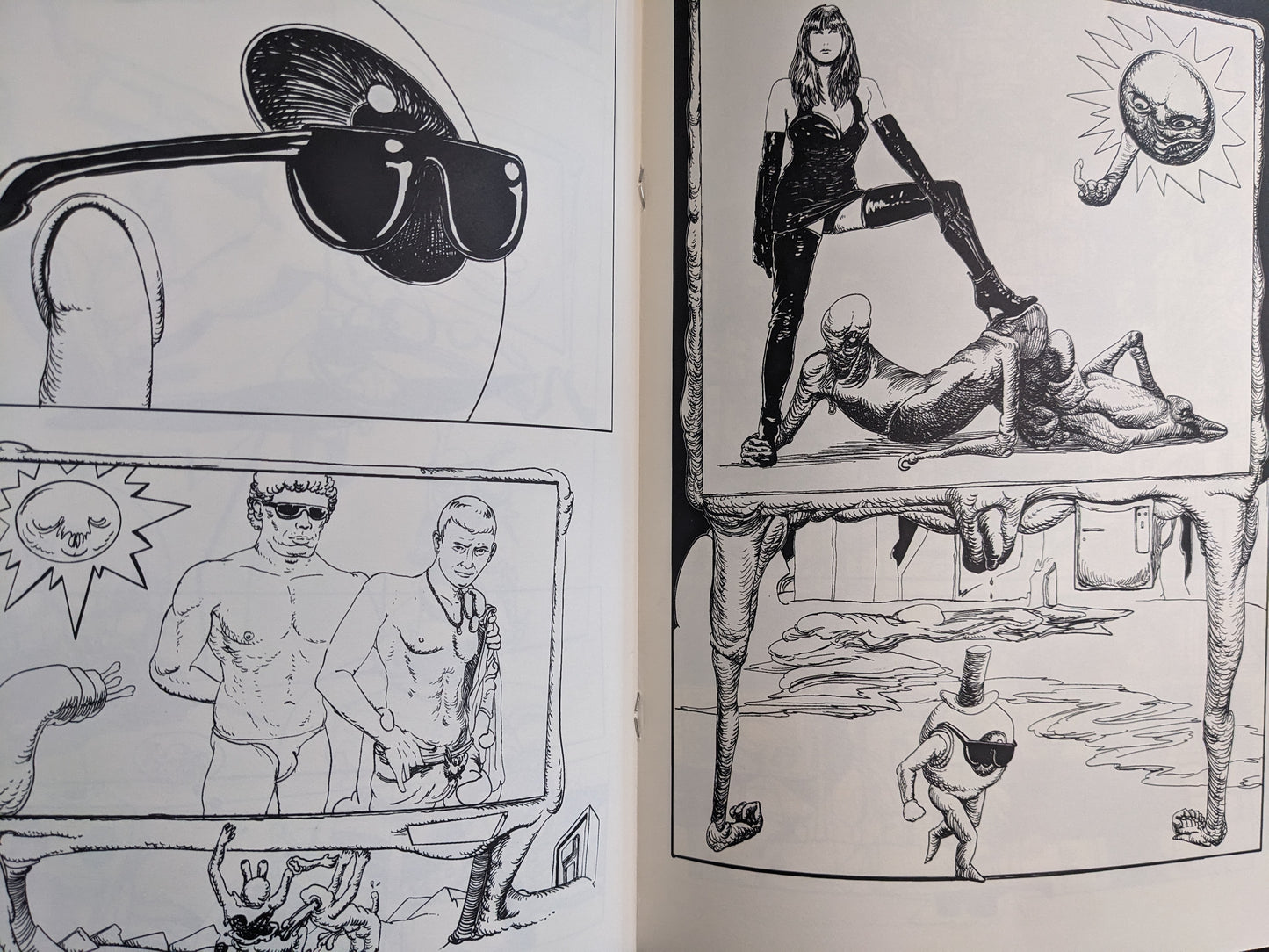 Interior page from Terrotic with an erotic cyberbillboard and mutated figures