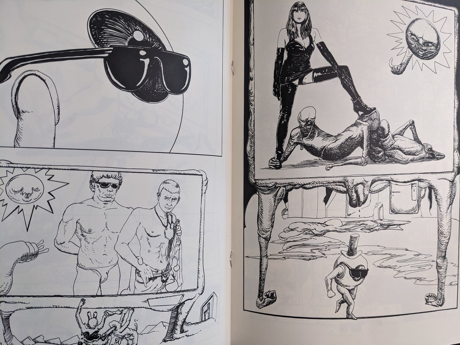 Interior page from Terrotic with an erotic cyberbillboard and mutated figures