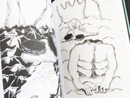Black-and-white drawing of muscular, headless humanoid bodies with empty eye sockets and sci-fi anatomical details.