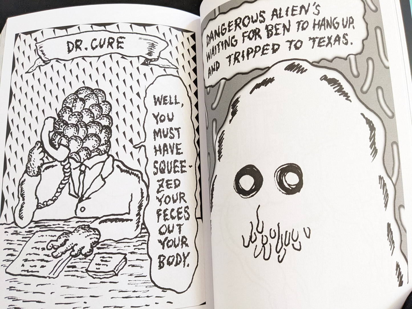 Comic panel showing Dr. Cure speaking on the phone with bizarre anatomical details and surreal, grotesque dialogue.