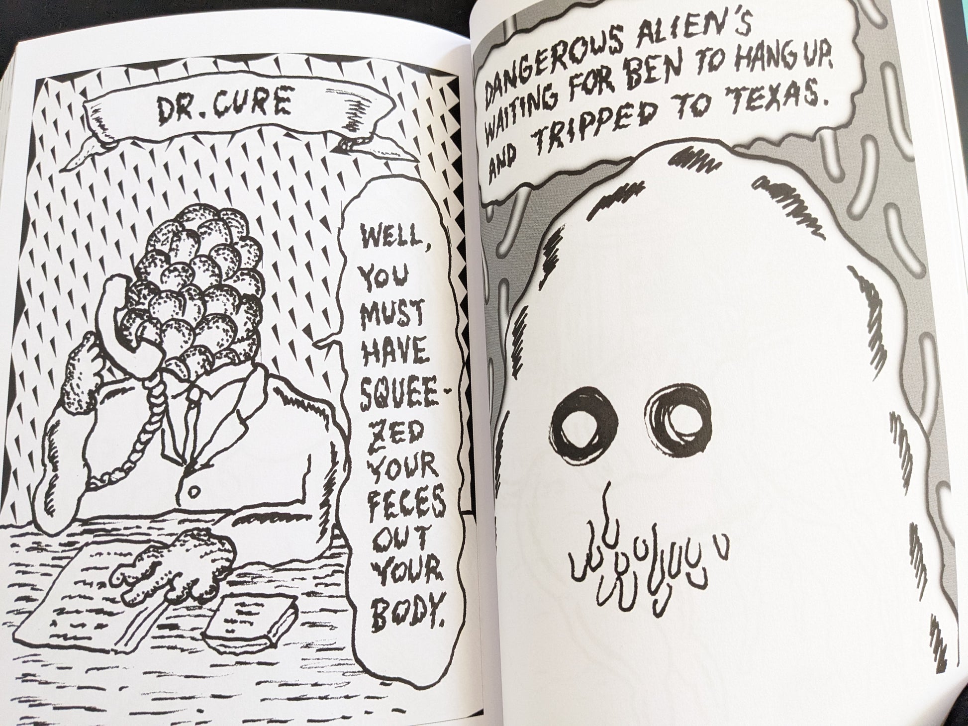Comic panel showing Dr. Cure speaking on the phone with bizarre anatomical details and surreal, grotesque dialogue.