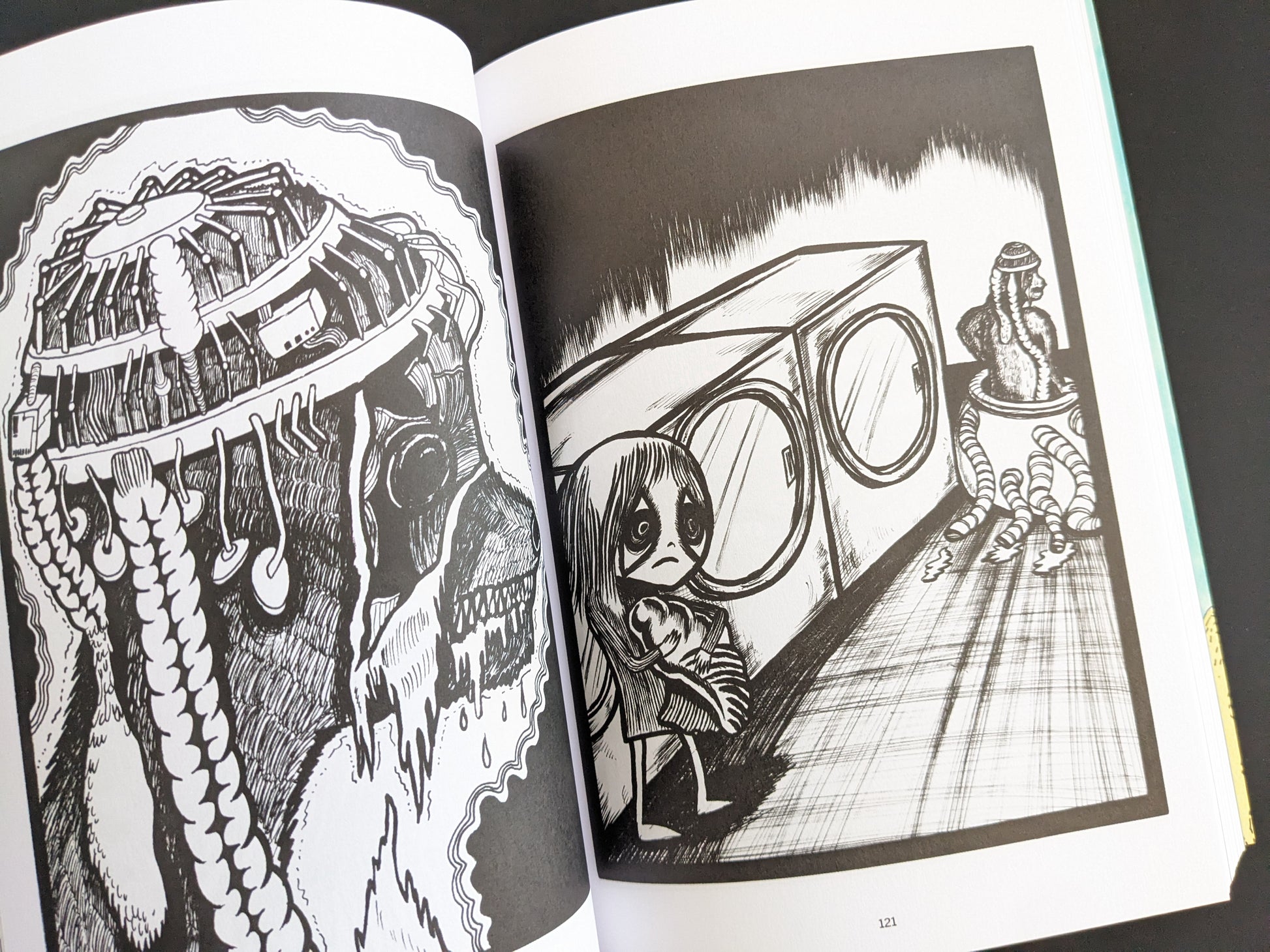 Comic illustration showing tentacled creatures and a girl standing next to laundry machines in a surreal domestic setting.